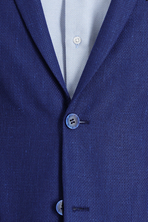 Dark Blue 7 Drop Super Slim Fit Extra Narrow Cut Classic Patterned Wool Linen Blend Jacket
