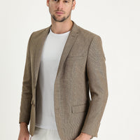 Dark Beige 7 Drop Super Slim Fit Extra Narrow Cut Classic Patterned Linen Blend Jacket