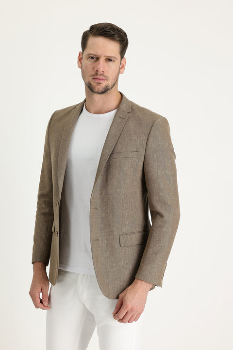 Dark Beige 7 Drop Super Slim Fit Extra Narrow Cut Classic Patterned Linen Blend Jacket