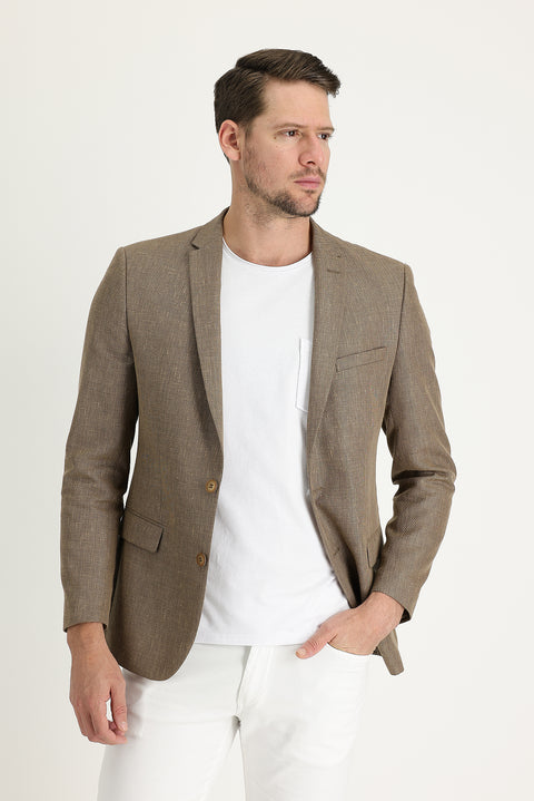 Dark Beige 7 Drop Super Slim Fit Extra Narrow Cut Classic Patterned Linen Blend Jacket