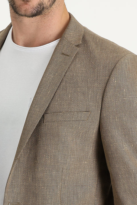 Dark Beige 7 Drop Super Slim Fit Extra Narrow Cut Classic Patterned Linen Blend Jacket