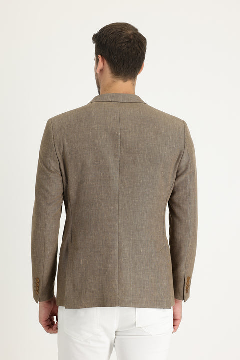 Dark Beige 7 Drop Super Slim Fit Extra Narrow Cut Classic Patterned Linen Blend Jacket
