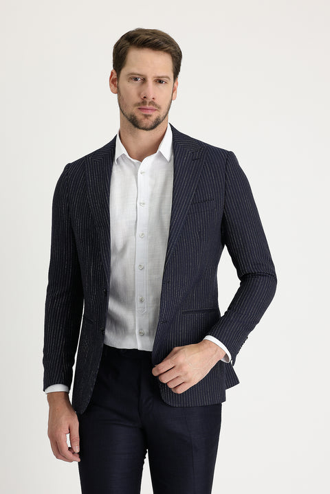 Dark Navy 4-Drop Relaxed Fit Striped Blazer Jacket