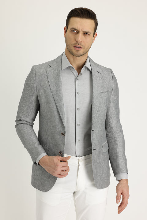 Açık Gri 6 Drop Regular Fit Standart Kesim Klasik Desenli Keten Ceket