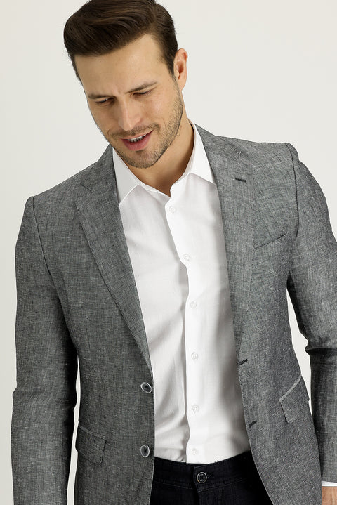 Medium Grey 7 Drop Slim Fit Classic Patterned Linen Jacket
