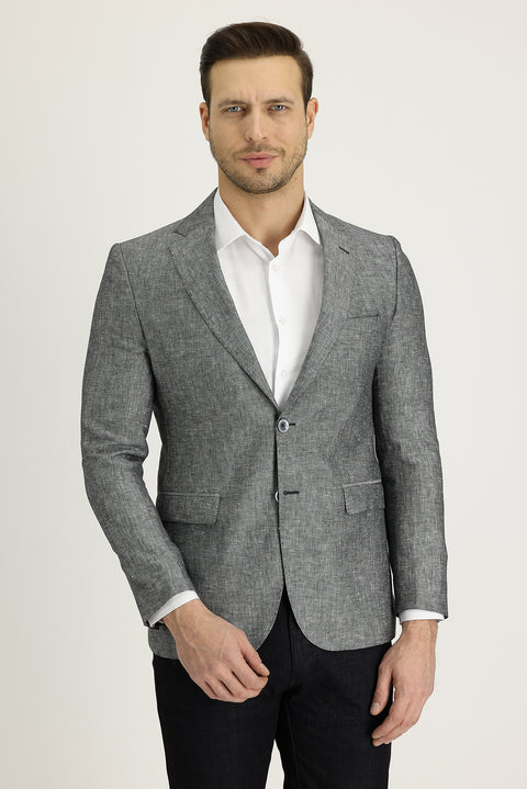 Medium Grey 7 Drop Slim Fit Classic Patterned Linen Jacket