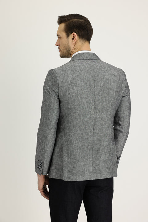 Medium Grey 7 Drop Slim Fit Classic Patterned Linen Jacket
