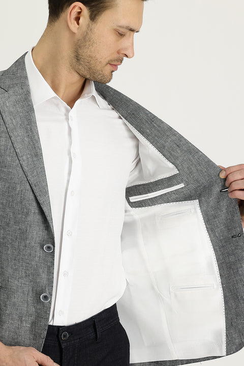 Medium Grey 7 Drop Slim Fit Classic Patterned Linen Jacket