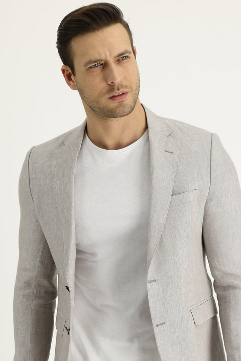 Light Beige 7 Drop Slim Fit Classic Patterned Linen Jacket