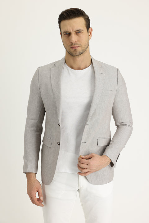 Light Beige 7 Drop Slim Fit Classic Patterned Linen Jacket