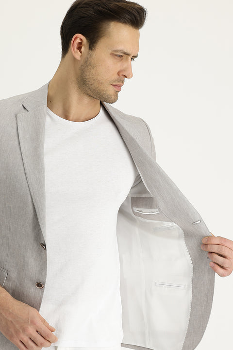 Light Beige 7 Drop Slim Fit Classic Patterned Linen Jacket