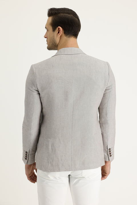Light Beige 7 Drop Slim Fit Classic Patterned Linen Jacket