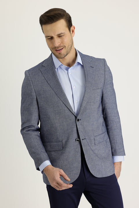 Dark Navy 4-Drop Relaxed Fit Classic Patterned Linen Jacket