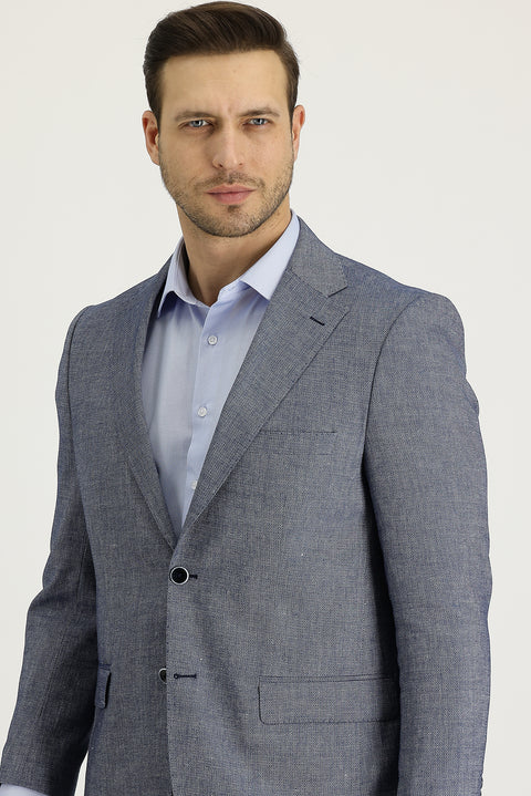 Dark Navy 4-Drop Relaxed Fit Classic Patterned Linen Jacket