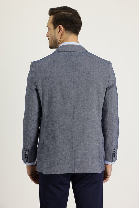 Dark Navy 4-Drop Relaxed Fit Classic Patterned Linen Jacket