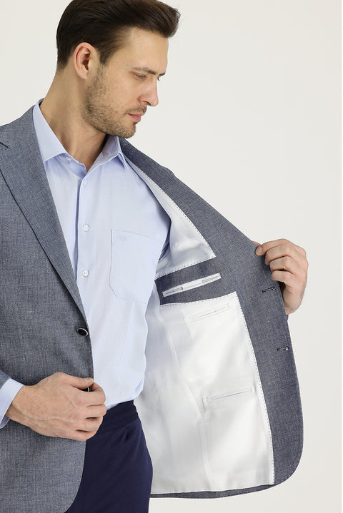 Dark Navy 4-Drop Relaxed Fit Classic Patterned Linen Jacket