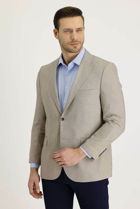Medium Beige 4-Drop Relaxed Fit Classic Patterned Linen Jacket
