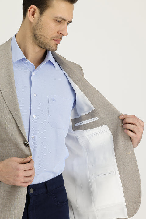 Medium Beige 4-Drop Relaxed Fit Classic Patterned Linen Jacket