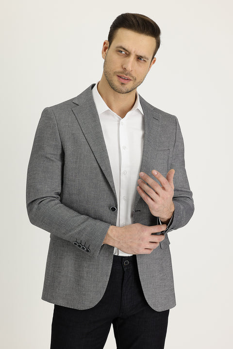 Military Khaki 6 Drop Regular Fit Classic Patterned Linen Blend Jacket