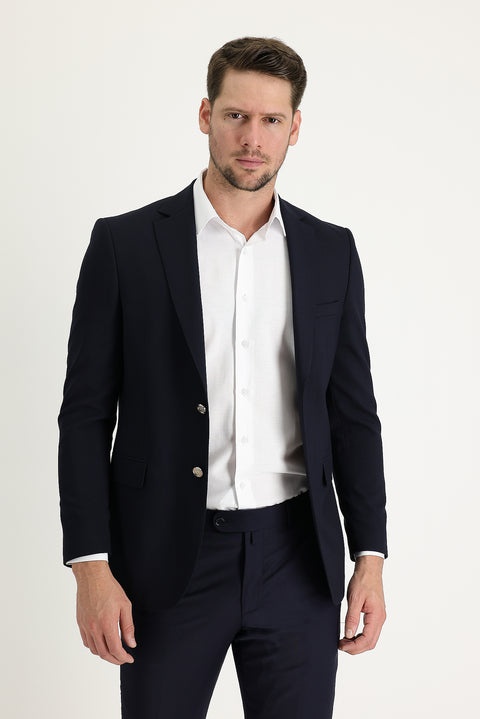 Dark Navy 6 Drop Regular Fit Standard Cut Wool Lycra Stretch Blazer Jacket