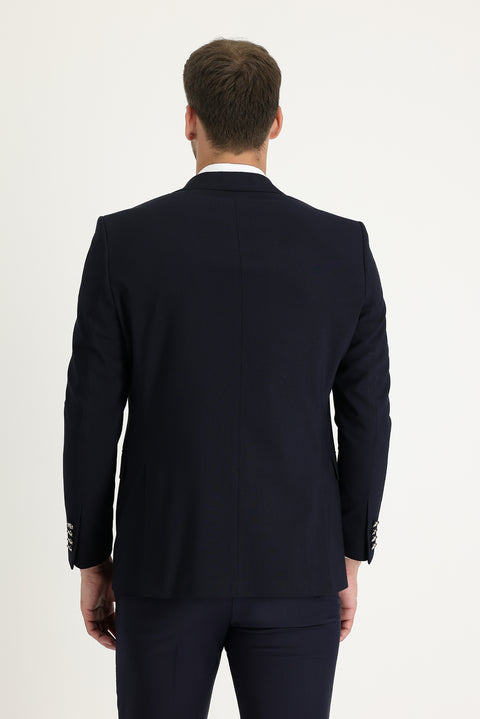 Dark Navy 6 Drop Regular Fit Standard Cut Wool Lycra Stretch Blazer Jacket