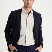 Koyu Lacivert 6 Drop Regular Fit Standart Kesim Yünlü Likralı Esnek Mevsimlik Blazer Ceket