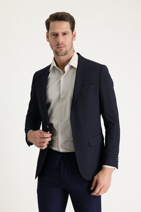 Koyu Lacivert 6 Drop Regular Fit Standart Kesim Yünlü Likralı Esnek Mevsimlik Blazer Ceket
