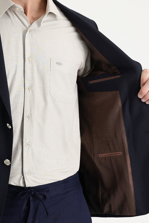 Koyu Lacivert 6 Drop Regular Fit Standart Kesim Yünlü Likralı Esnek Mevsimlik Blazer Ceket