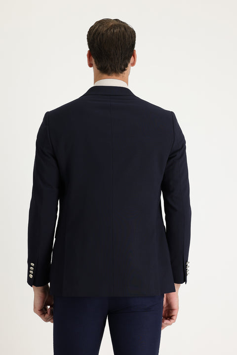 Koyu Lacivert 6 Drop Regular Fit Standart Kesim Yünlü Likralı Esnek Mevsimlik Blazer Ceket