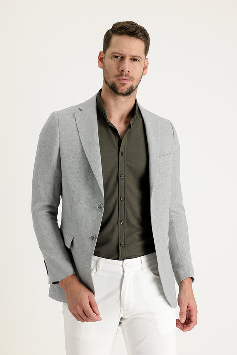 Medium Grey 6 Drop Regular Fit Classic Patterned Linen Blend Jacket