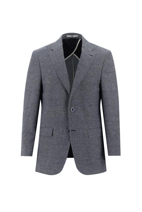 Dark Navy 4-Drop Relaxed Fit Classic Patterned Linen Blend Jacket