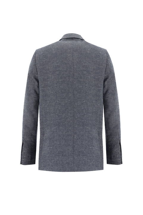 Dark Navy 4-Drop Relaxed Fit Classic Patterned Linen Blend Jacket