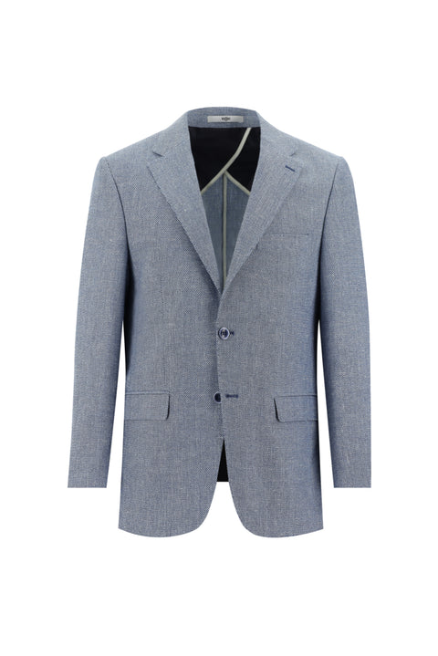 Aviator Blue 6 Drop Regular Fit Classic Patterned Linen Blend Jacket