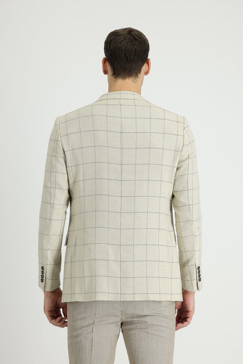 Cream 6 Drop Regular Fit Standard Cut Plaid Linen Blend Jacket