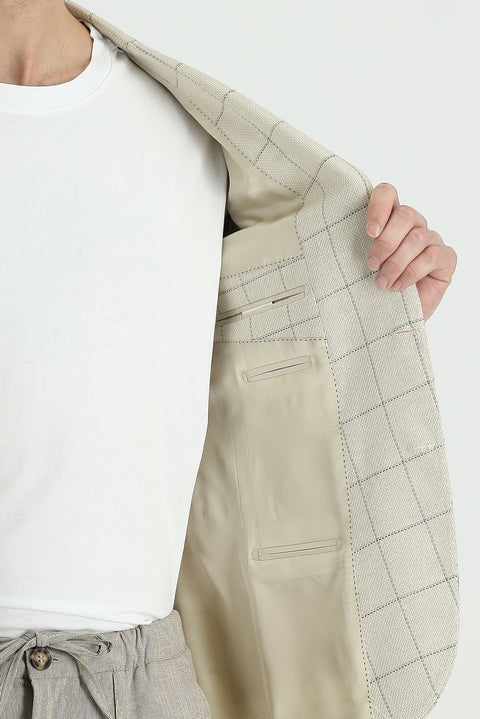 Cream 6 Drop Regular Fit Standard Cut Plaid Linen Blend Jacket