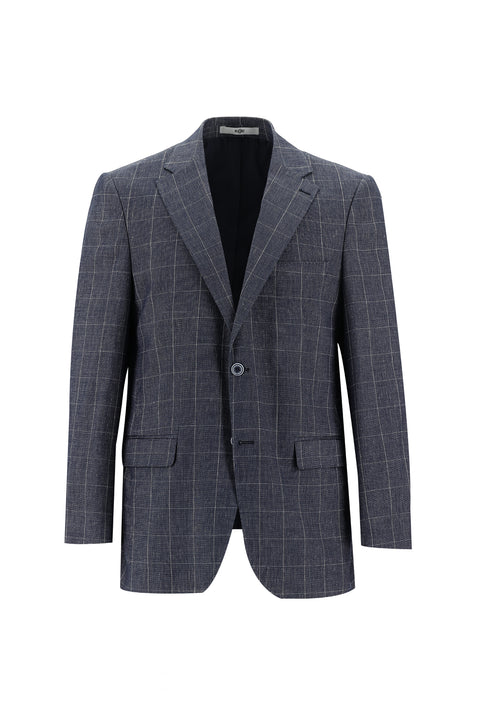 Dark Navy 4-Drop Relaxed Fit Plaid Linen Blend Jacket