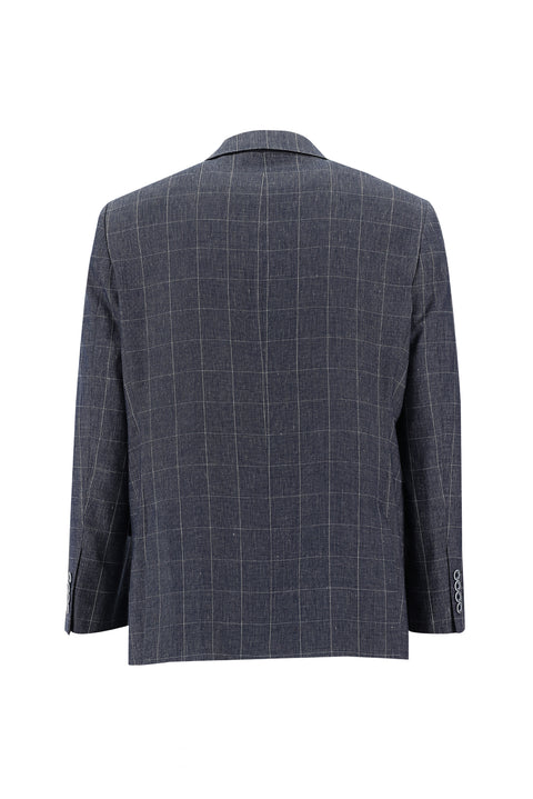 Dark Navy 4-Drop Relaxed Fit Plaid Linen Blend Jacket