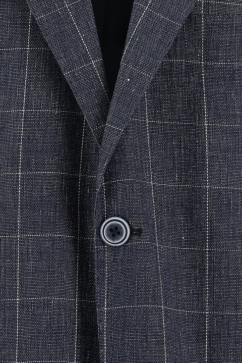 Dark Navy 4-Drop Relaxed Fit Plaid Linen Blend Jacket