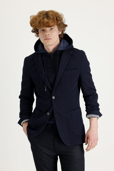 Dark Navy 7 Drop Super Slim Fit Extra Narrow Cut Hooded Eyelet Sport Jacket
