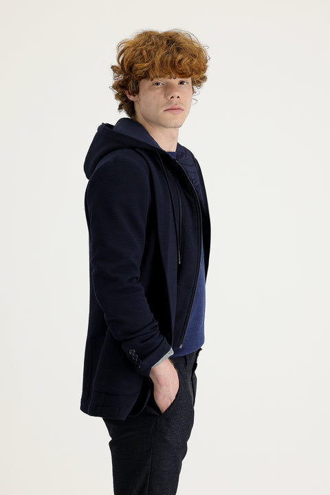 Dark Navy 7 Drop Super Slim Fit Extra Narrow Cut Hooded Eyelet Sport Jacket