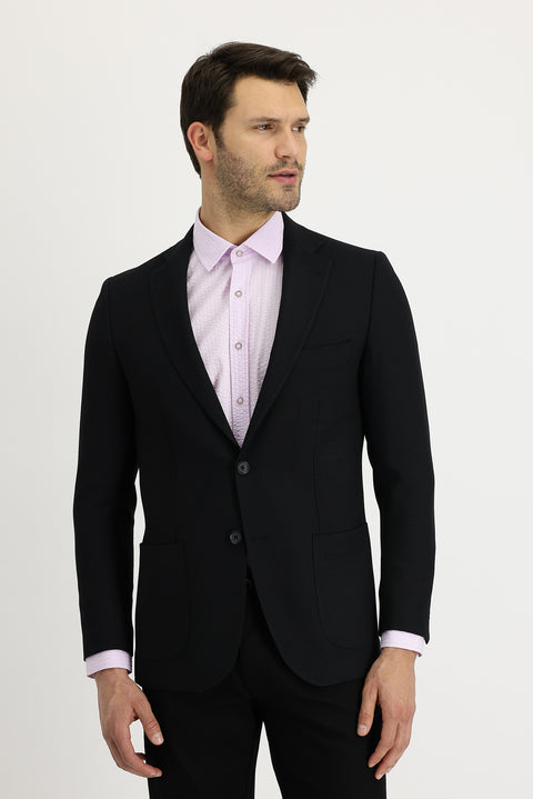 Black 4-Drop Relaxed Fit Patterned Wool Jacket