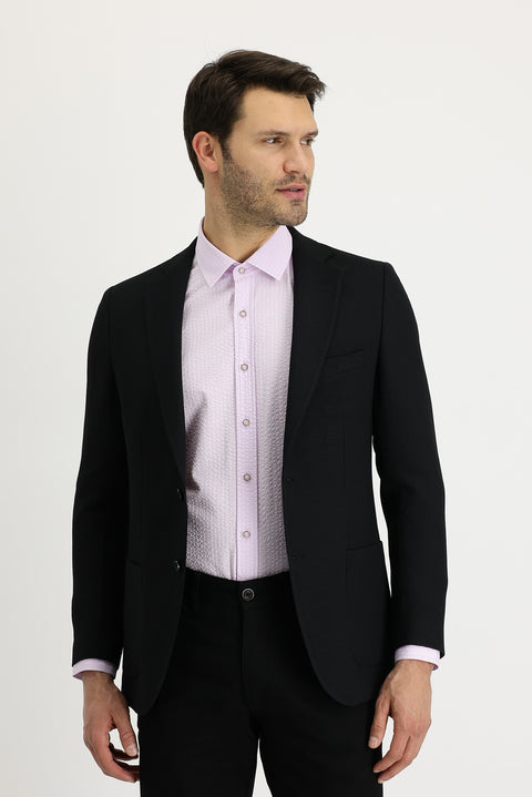 Black 4-Drop Relaxed Fit Patterned Wool Jacket