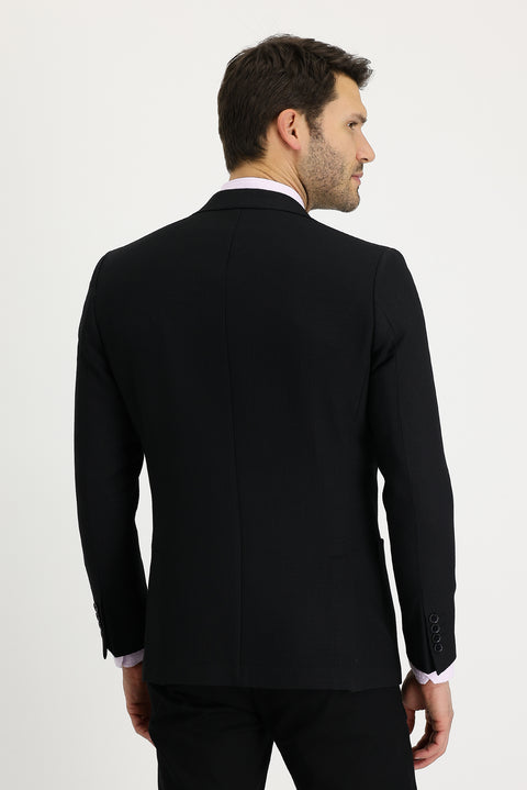 Black 4-Drop Relaxed Fit Patterned Wool Jacket