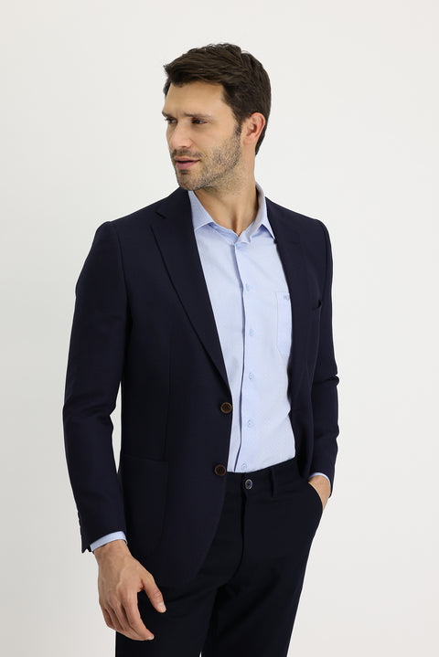 Dark Navy 4-Drop Relaxed Fit Patterned Wool Jacket