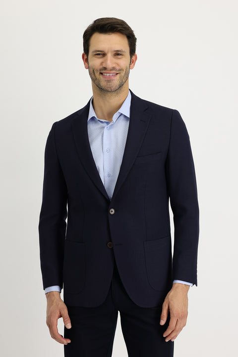 Dark Navy 4-Drop Relaxed Fit Patterned Wool Jacket