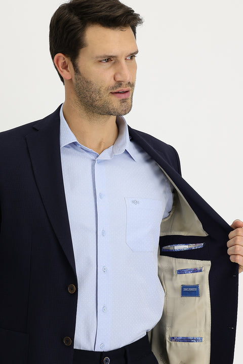 Dark Navy 6 Drop Regular Fit Patterned Wool Jacket