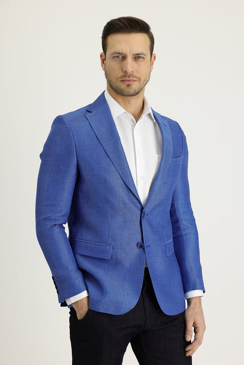 Light Blue 6 Drop Regular Fit Classic Patterned Linen Jacket