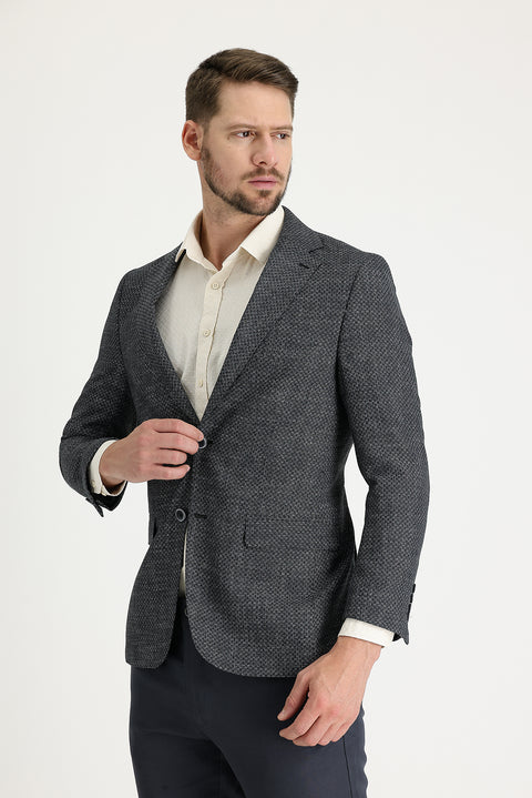 Black 4-Drop Relaxed Fit Patterned Linen Blend Jacket