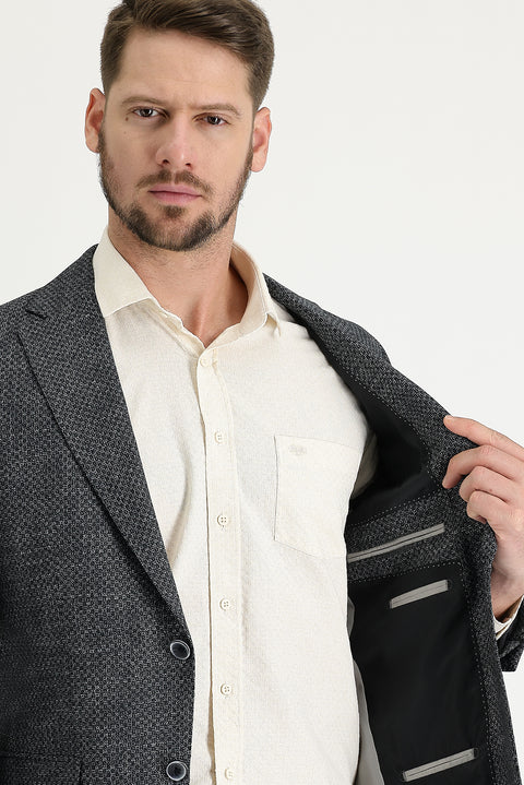 Black 4-Drop Relaxed Fit Patterned Linen Blend Jacket