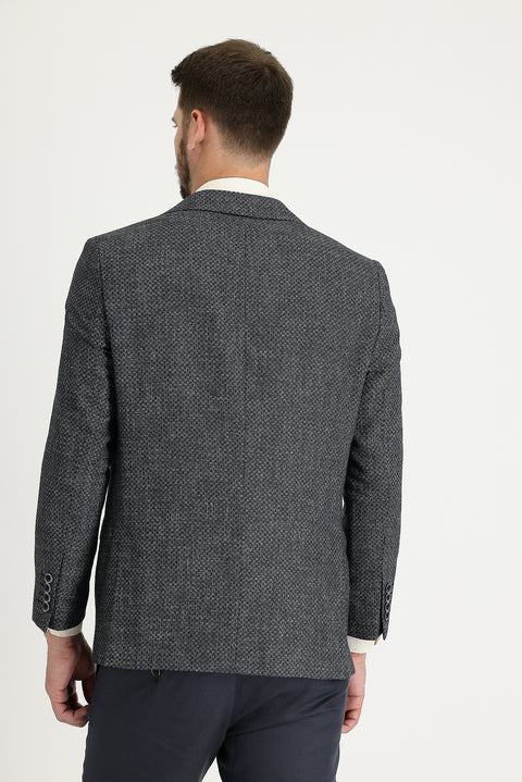 Black 4-Drop Relaxed Fit Patterned Linen Blend Jacket
